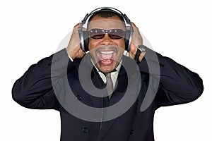 A screaming African-American man with headphones