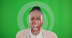 Screaming, angry and business with black woman in green screen for stress, frustrated and crisis. Anxiety, burnout and