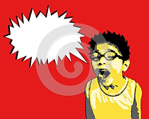 Screaming boy with happy speech bubble on red background