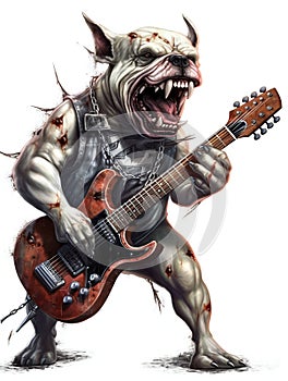 Screaming Bulldog Playing Electric Guitar Metal Music. Generative ai