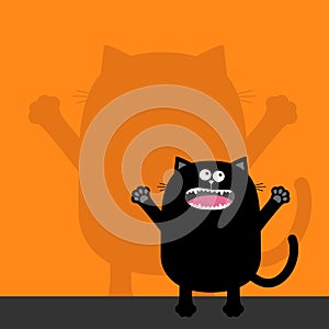 Screaming cat silhouette looking up. Wall shadow shade. Two eyes, teeth, tongue, spooky hands. Black Funny Cute cartoon baby chara