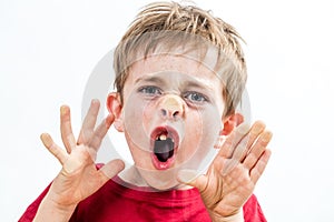 Screaming cheeky kid crushing his nose to window for misbehavior