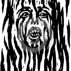 Screaming demon with bleeding woman`s face. Vector illustration.