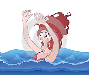 Screaming drowning in water woman. Aquaphobia. Vector illustration, isolated on white.