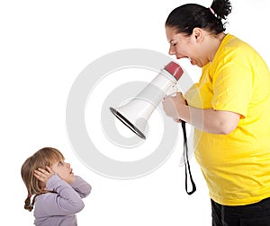 Screaming fat mother with megaphone and girl