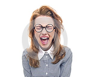 Screaming geek or loony girl isolated on white.