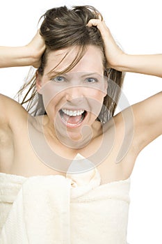 Screaming girl in white towel