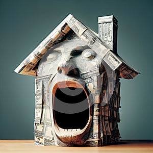 A screaming home made of money. Economic crisis, payment, business concept.