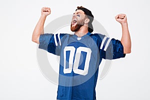 Screaming man fan in blue t-shirt