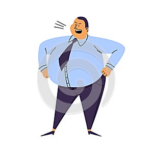 Screaming man isolated. Cartoon fat man stands akimbo. An irritated person in a blue shirt and trousers stands in a pose