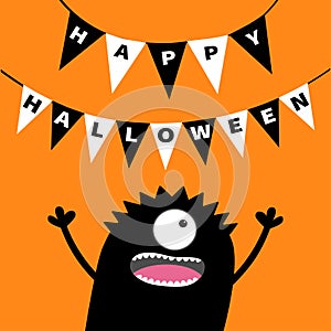 Screaming monster head silhouette. Bunting flags pack Happy Halloween letters. Hanging flag garland. Black Funny Cute cartoon baby