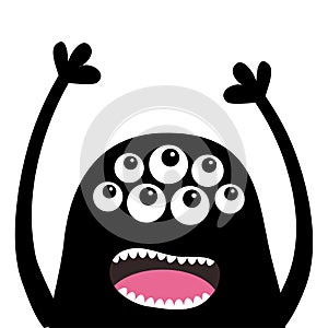 Screaming monster head silhouette. Many eyes, teeth, tongue, hands up. Black Funny Cute cartoon character. Baby collection. Happy