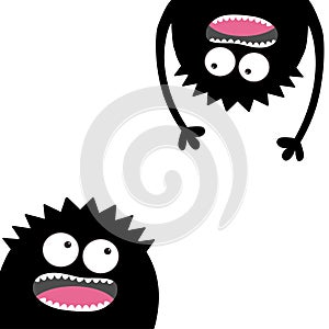 Screaming monster head silhouette set. Two eyes, teeth, tongue, hands. Hanging upside down. Black Funny Cute cartoon character. Ba