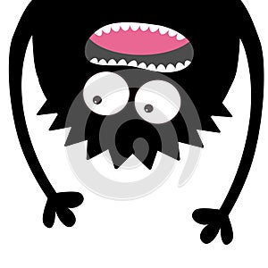 Screaming monster head silhouette. Two eyes, teeth, tongue, hands. Hanging upside down. Black Funny Cute cartoon character. Baby c