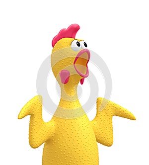 Screaming rubber chicken, surprised chicken, rooster isolated on white. Clipping path included