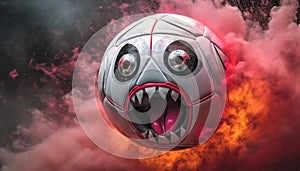 A screaming soccer ball flying through smoke