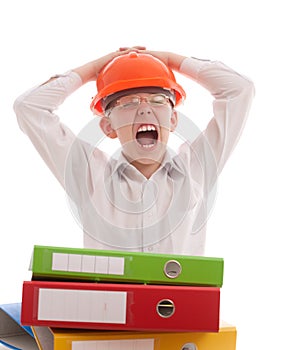 Screaming teenager in helmet with office folders