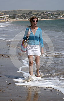 Screaming woman as she stands in cold seawater