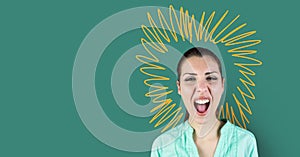 Screaming woman with doodle circle on green background