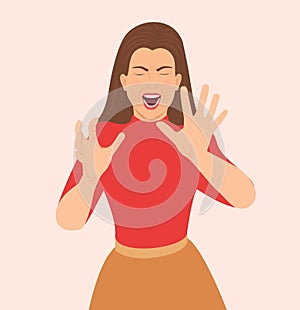 Screaming Woman Making Stop Gesture With Her Hands. Vector illustration
