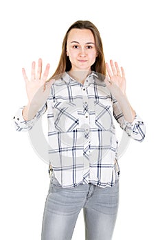 Screaming woman showing stop symbol no with palm hand