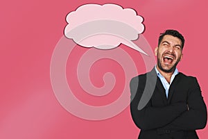 Screaming young man and cloud with copy space