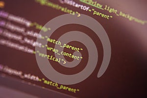 Screen of android application developing code. Lines of code on computer screen