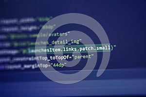 Screen of android application developing code. Lines of code on computer screen