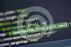 Screen of android application developing code. Lines of code on computer screen background