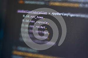 Screen of android application developing code. Lines of code on computer screen background