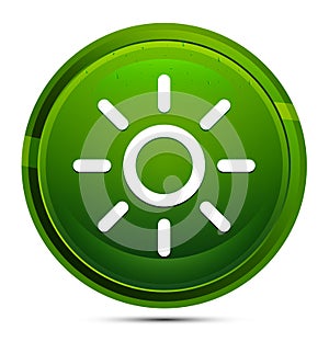 Screen brightness sun icon glassy green round button illustration