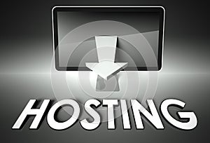 Screen and chart arrow with word Hosting, Network