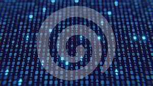 Screen close up digital computer numbers. Blue digital binary data on computer screen.