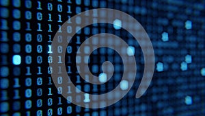 Screen close up digital computer numbers. Blue digital binary data on computer screen loopable. 3d render