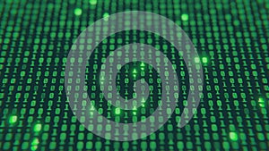 Screen close up digital computer numbers. Green digital binary data on computer screen. 3d render
