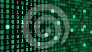 Screen close up digital computer numbers. Green digital binary data on computer screen loopable. 3d render