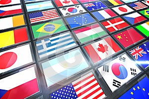 Screen collage showing international flags