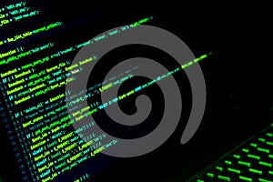 Screen with crypto currency code, green digitals