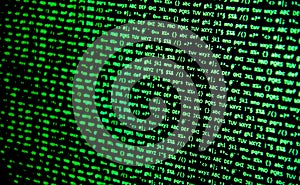 Screen with crypto currency code, green digitals