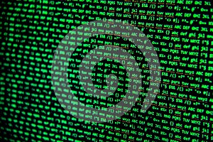 Screen with crypto currency code, green digitals