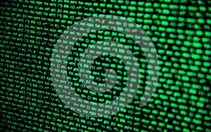 Screen with crypto currency code, green digitals