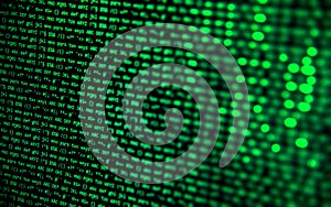 Screen with crypto currency code, green digitals