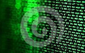 Screen with crypto currency code, green digitals