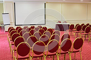 Screen in empty conference hall with a red carpet