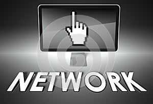 Screen and hand icon with Network, Internet