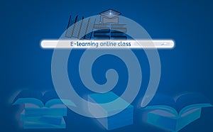 Screen interface search engine button to find e-learning, with book icon and hat,Background isolated blue and Book Stack,concept