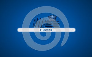 Screen interface search engine button to find e-learning, with book icon and hat,Background isolated blue,concept of online and