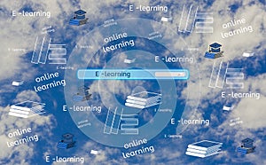 Screen interface search engine button to find online and e-learning, with book and hat icon, Background is sky, concept freedom of