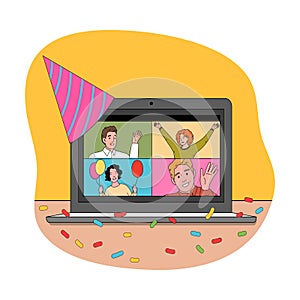 Screen of laptop with happy people celebrating holiday online