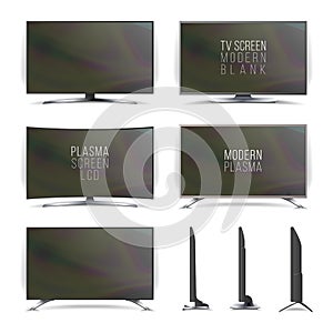 Screen Lcd Plasma Vector. Television Set. Curved and Flat TV screen lcd, plasma. Two Sides. Isolated On White Background. Realisti